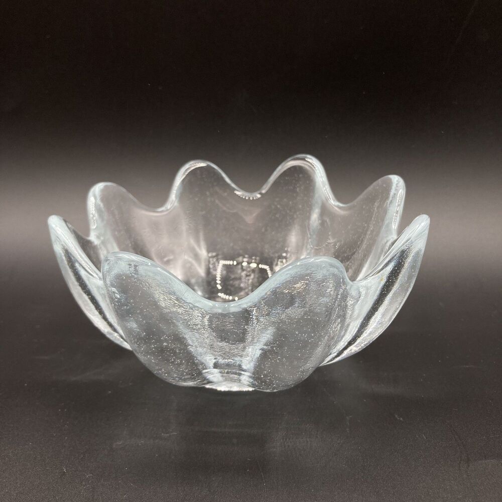 Vintage Blenko Glass Clear Lotus Bowl Textured Hand Blown 8 Petal Small 5.5” W